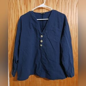 NoraCora Navy Cotton Top 3/4 Sleeves Buttons Women's Size Large